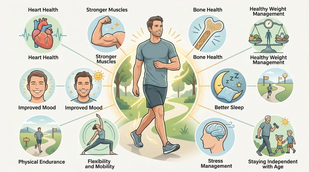 Visual guide showing ten benefits of regular exercise for overall health