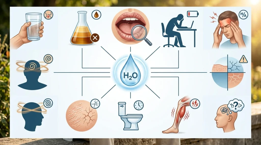 Visual guide showing common dehydration signs including thirst, dark urine, dry mouth, tiredness and dizziness
