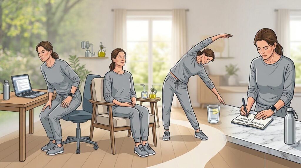 Person using breathing movement and journaling as a simple stress reset routine