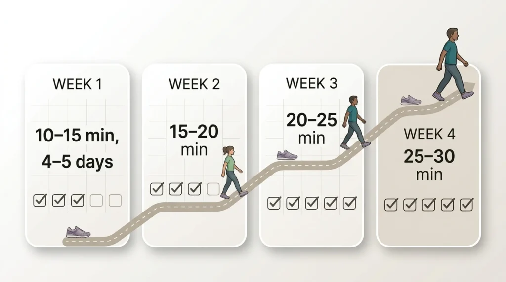 Four-week beginner walking plan with gradual increases in walking time from 10 to 30 minutes