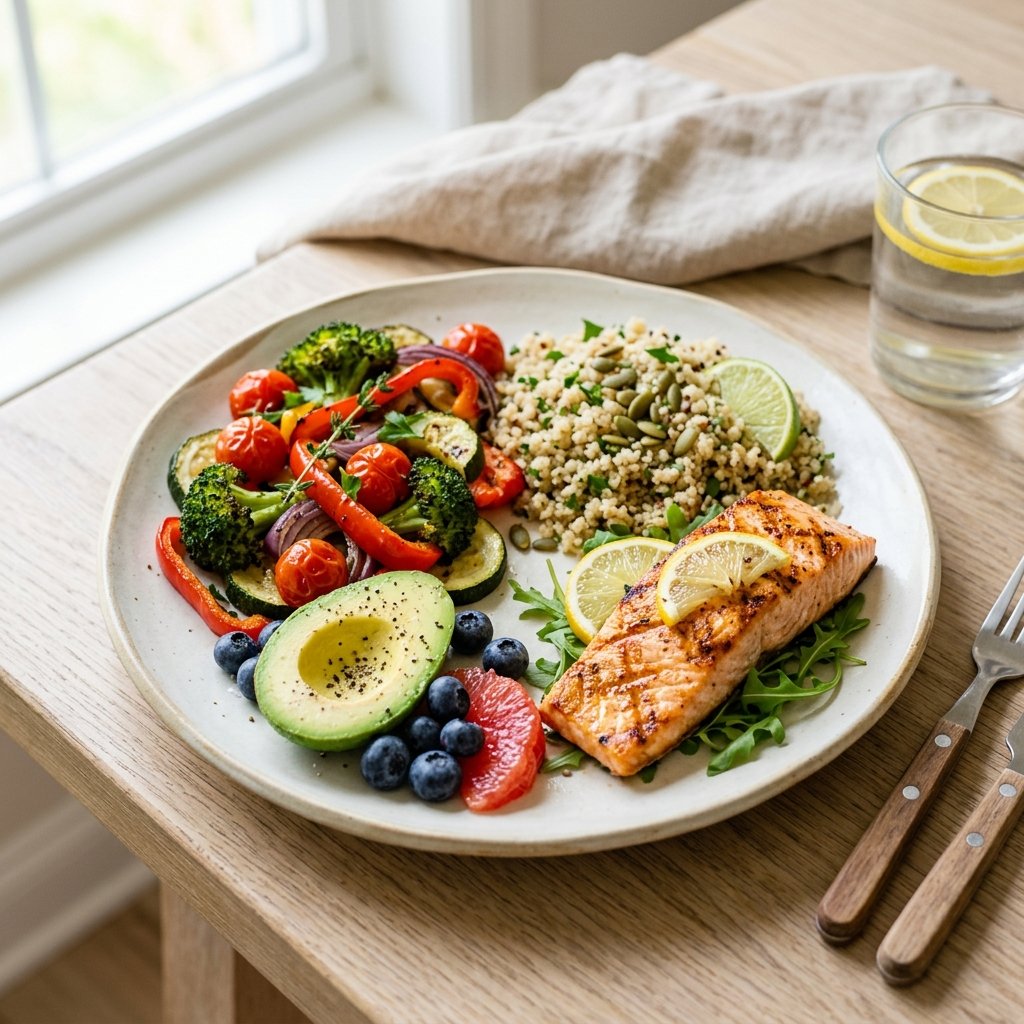 Balanced healthy meal with vegetables, fruits, whole grains, and protein
