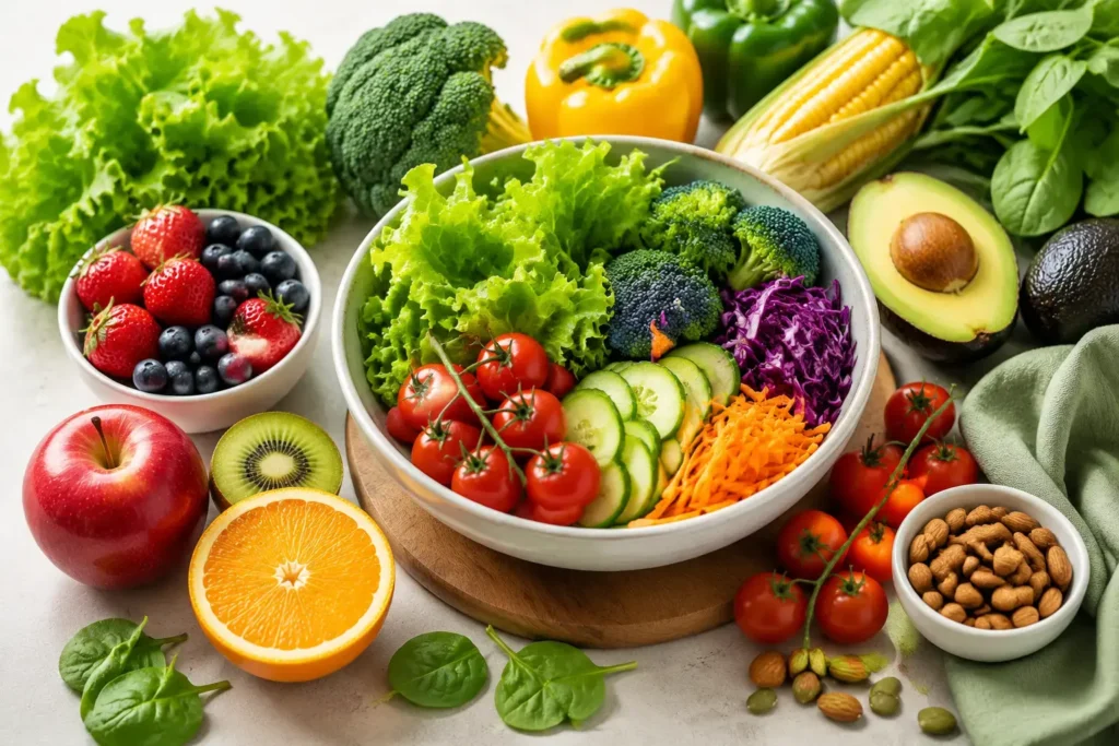 Fresh fruits and vegetables with a healthy salad bowl for better nutrition