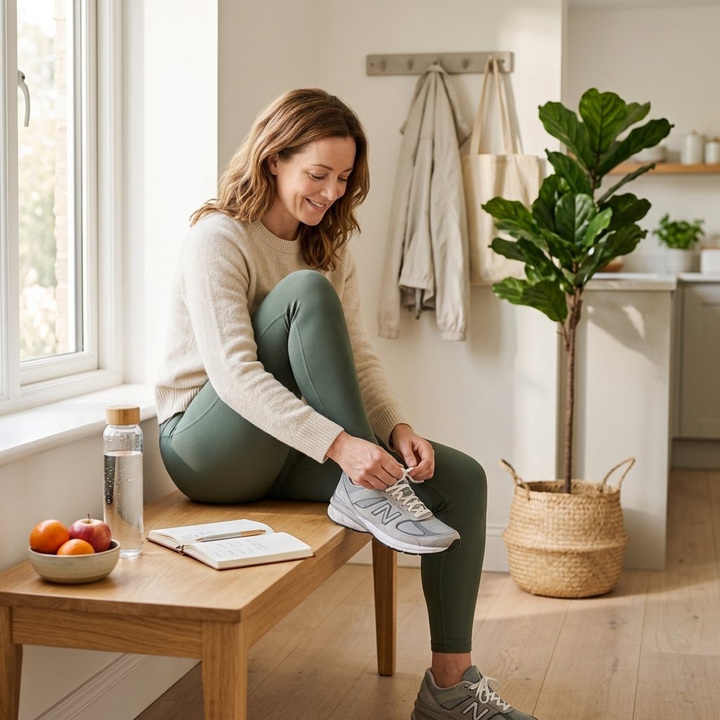 Person following simple healthy daily habits including water, movement, and planning