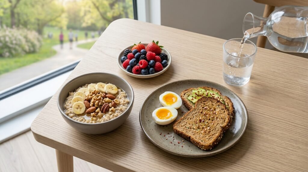 Nutritious breakfast with oatmeal, banana, nuts, eggs, whole grain toast, and fresh fruit