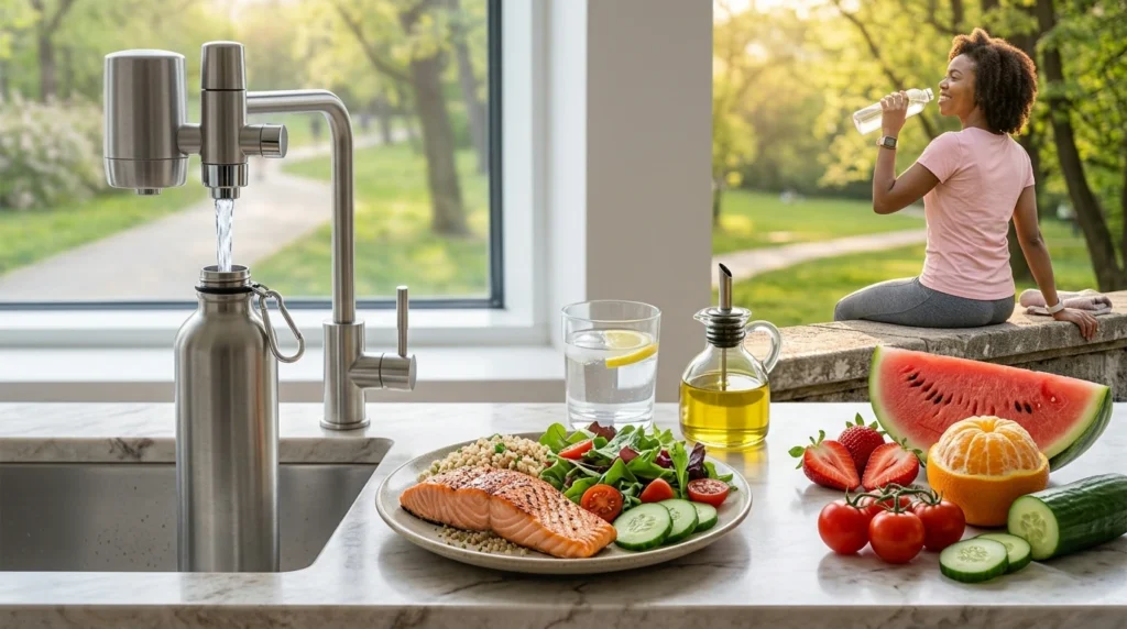 Water bottle, drinking water and water-rich fruits and vegetables for preventing dehydration