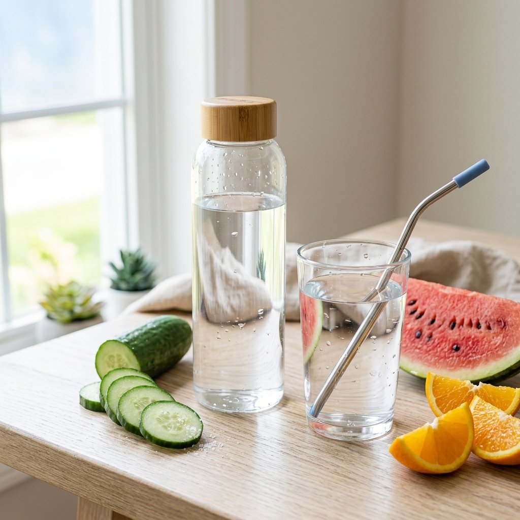 Glass bottle of fresh water with lemon and water-rich fruits