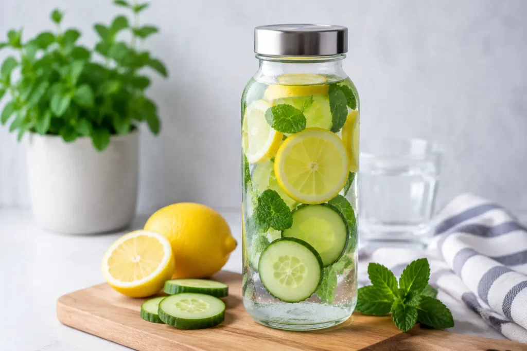 Glass bottle of lemon cucumber and mint infused water for staying hydrated