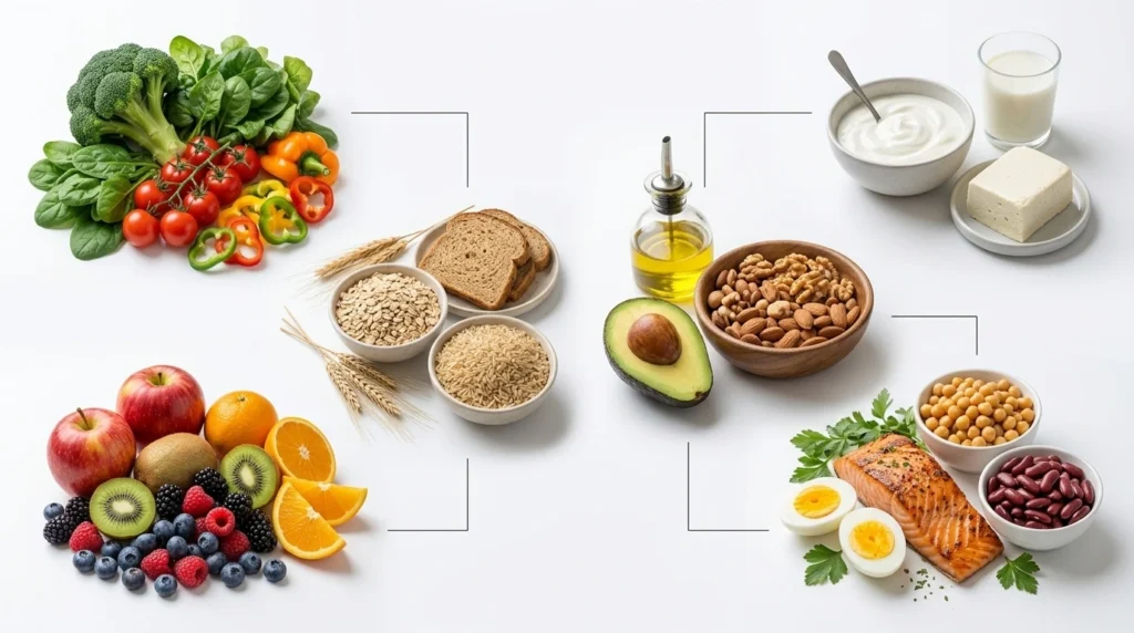 Vegetables, fruits, whole grains, protein, healthy fats and dairy foods in a balanced diet