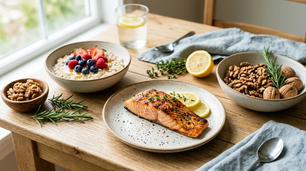 Oats, salmon and walnuts as healthy foods that support heart health
