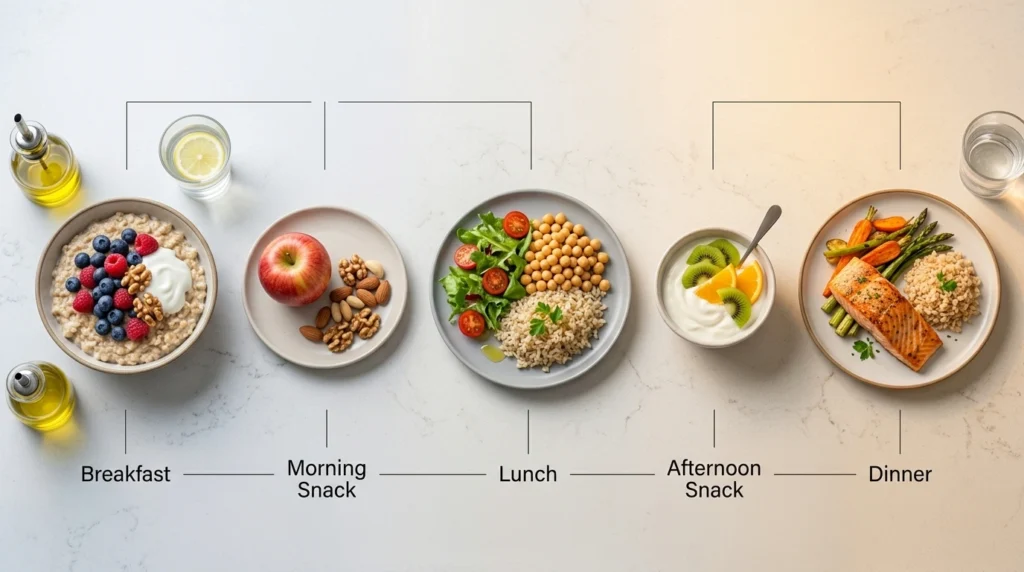 One-day balanced meal example showing breakfast, snacks, lunch and dinner