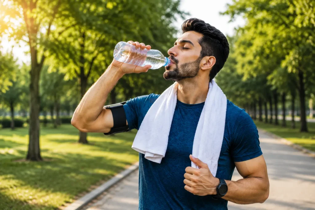 Person drinking water after workout to stay hydrated and healthy