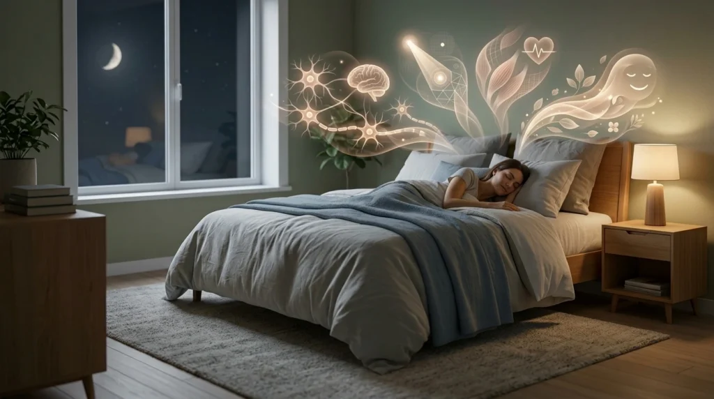 Person sleeping peacefully to represent the benefits of quality sleep for memory, mood and recovery