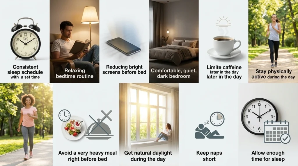 Ten healthy sleep habits including a consistent schedule, relaxing routine, less screen time, exercise, daylight and enough sleep
