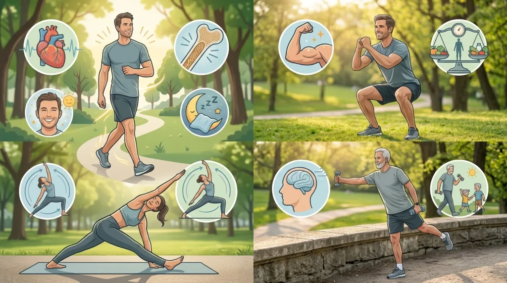 Examples of aerobic, strength, flexibility and balance exercises