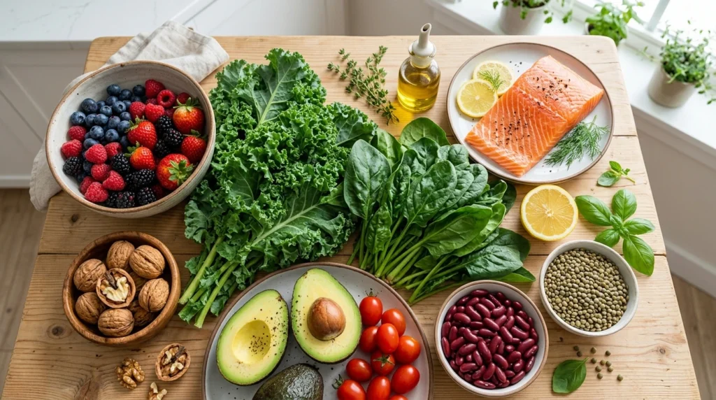 Leafy greens, berries, avocado, tomatoes, beans and lentils for a heart-healthy diet