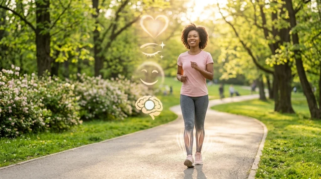Person taking a brisk outdoor walk to support heart health, fitness, mood and overall well-being