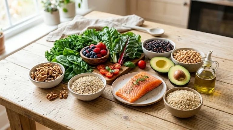 Healthy foods including salmon, oats, walnuts, leafy greens, avocado, berries, tomatoes, and olive oil for heart health