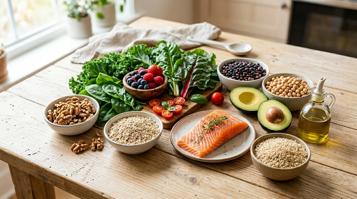 Healthy foods including salmon, oats, walnuts, leafy greens, avocado, berries, tomatoes, and olive oil for heart health
