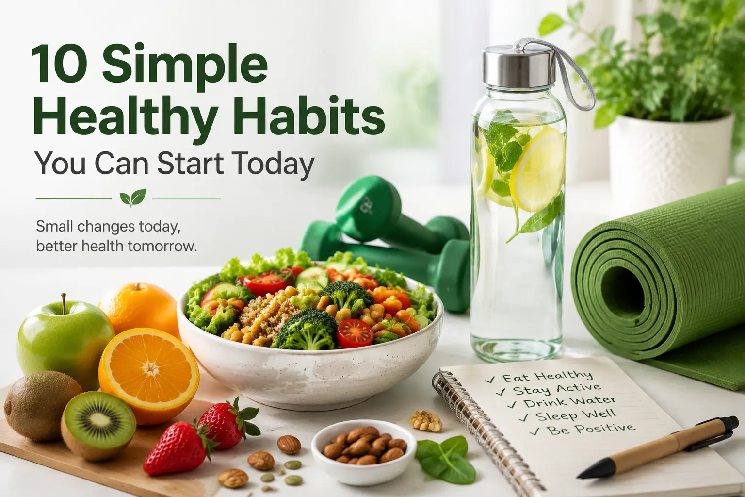 Healthy lifestyle with fruits, vegetables, water bottle, exercise equipment and wellness items