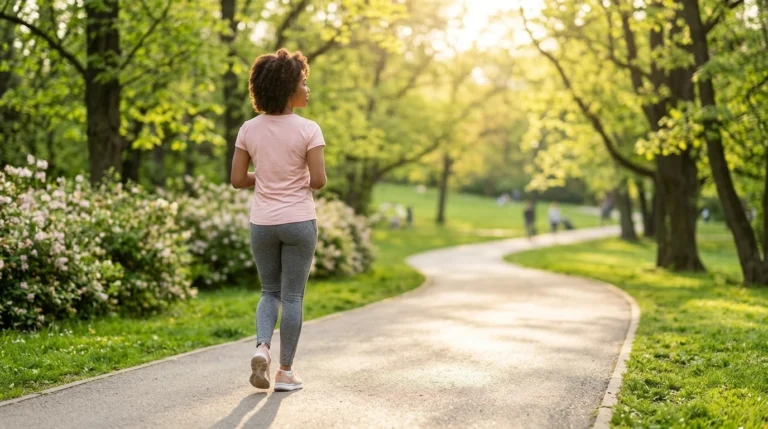Person walking outdoors in a green park to support an active and healthy lifestyle