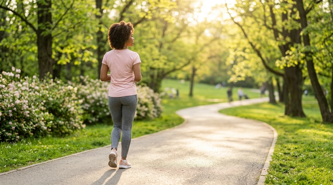 Person walking outdoors in a green park to support an active and healthy lifestyle