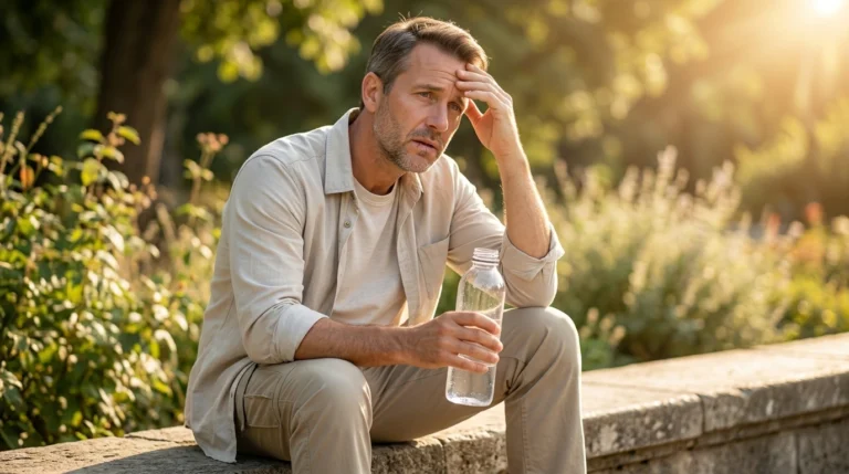 Thirsty and tired person holding a water bottle on a warm day