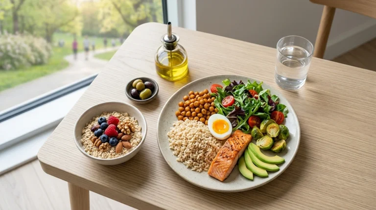 Variety of vegetables, fruits, whole grains, protein foods and healthy fats for a balanced diet