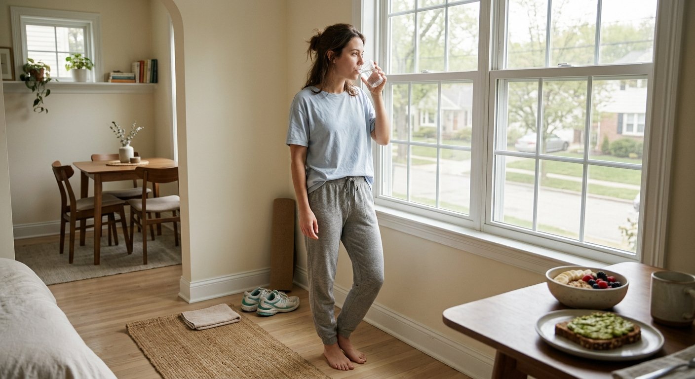 Healthy morning routine with water, natural light, stretching, and a nutritious breakfast
