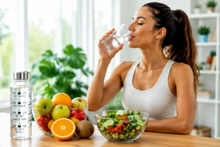 Healthy person drinking water with fresh fruits and hydration bottle for a healthy lifestyle
